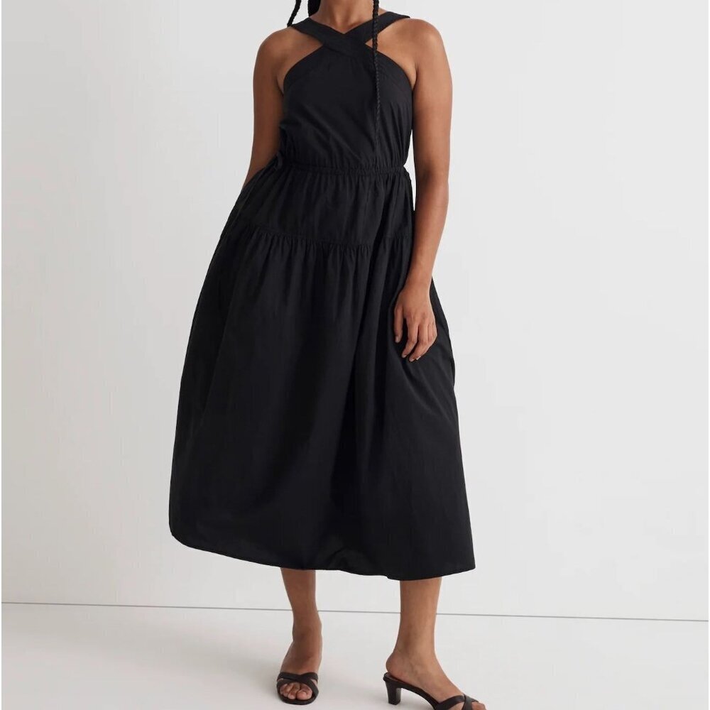 Madewell Black 100% Cotton Poplin Halter Tiered Midi Sun Dress Size 10 NWT